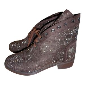 Nancy Li Brown Low Heel Lace Up Stud Embellished Combat Boots Size 8.5